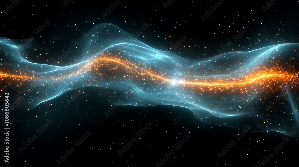 Poster abstract representation of interconnected cosmic elements with glowing particles and flowing energy 