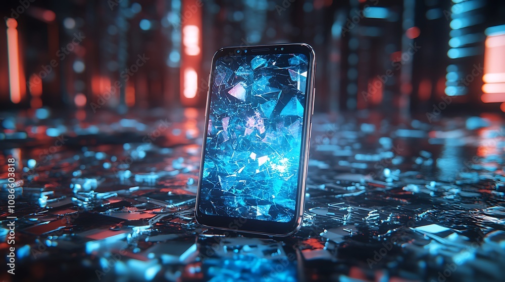 Poster abstract view of smartphone screen display surrounded by geometric shapes and shimmers, emphasizing 