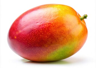 Close-up, focused mango on white backdrop, highlighting texture.