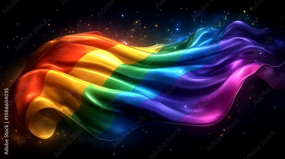 Poster vibrant animated abstract depiction of colorful waves with a rainbow pattern flowing through a cosmi