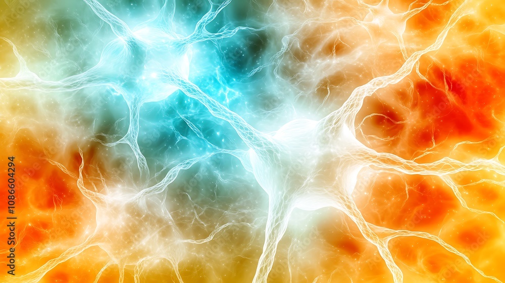Poster artistic interpretation of neural network with intricate connections and vibrant colors depicting th