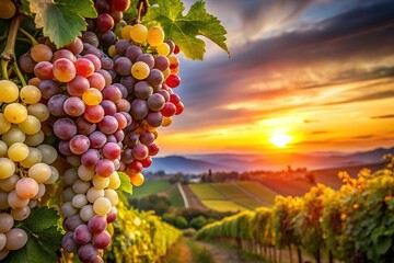 Closeup vineyard grapes bathed in sunset's architectural light.