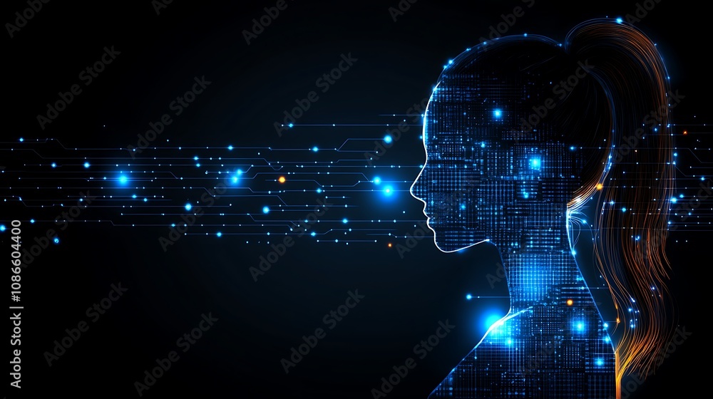 Aufkleber artistic visualization of artificial intelligence with futuristic female silhouette and digital elem