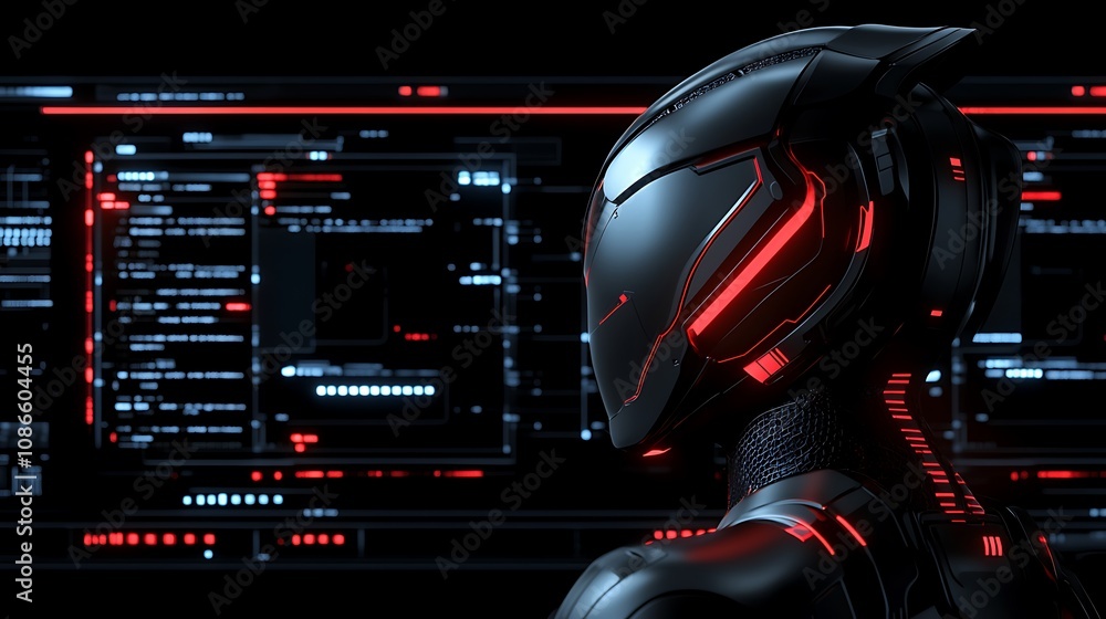 Poster artistic interpretation of artificial intelligence with futuristic robot and digital interface repre