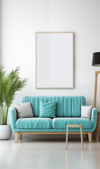 Teal Sofa Wooden Frame Mockup Minimalist Living Room Interior