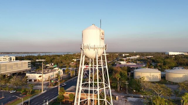 aerial orbit of a water tower that says Bradenton, Florida on it
