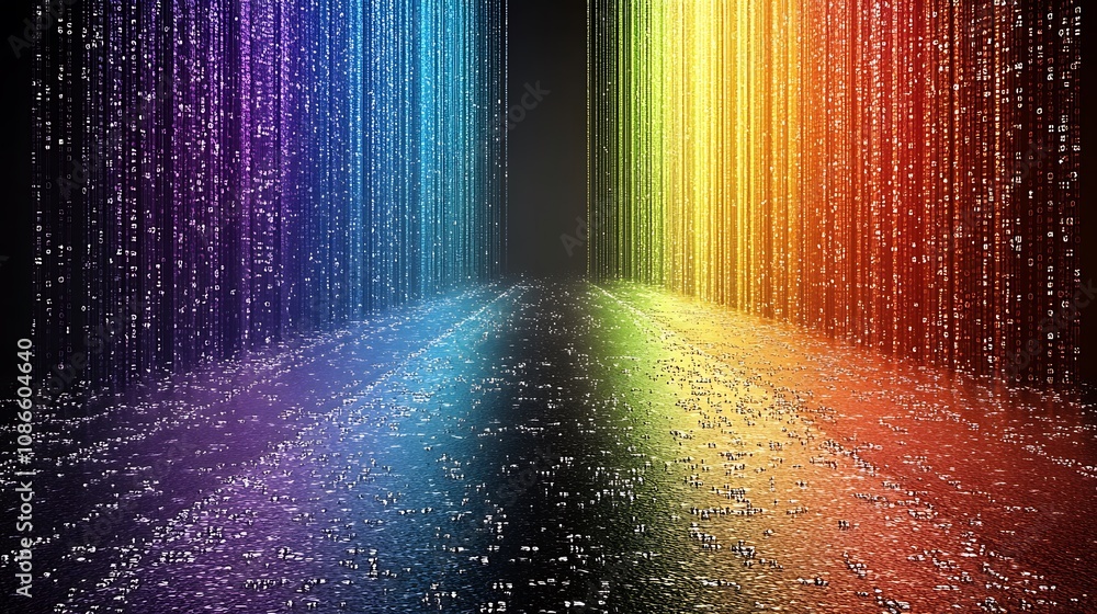 Poster artistic interpretation of binary code with colorful vertical lines representing data flow in a digi