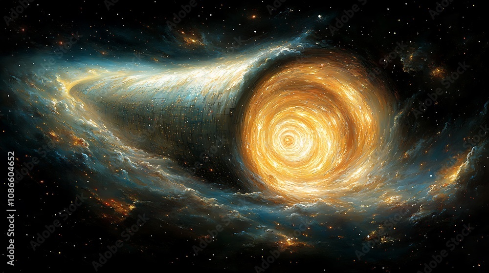 Poster captivating artistic interpretation of binary code cascading through a cosmic vortex in a stunning e
