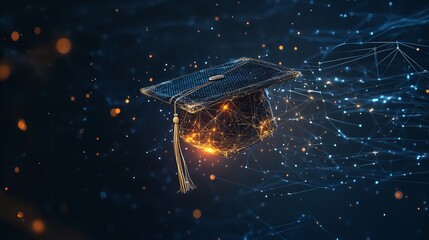 Digital wireframe illustration of a graduation cap representing education and achievement