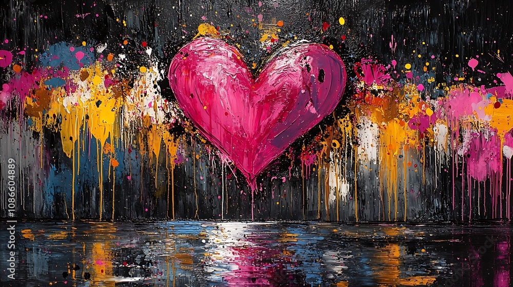 Poster Vibrant Abstract Art Featuring a Bold Heart Shape Surrounded by a Dynamic Explosion of Colors and Shapes on a Dark Background for Artistic Expression and Design Needs