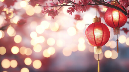 Obraz premium Beautiful red lanterns hang among cherry blossoms, celebrating joy