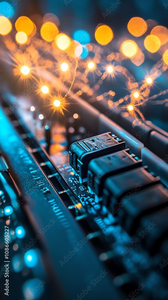Poster close-up of a circuit board with glowing lights in the background.