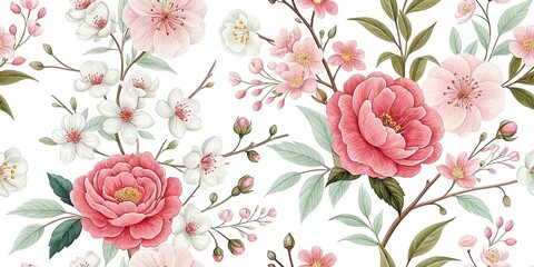 Delicate floral pattern featuring cherry blossoms peonies and garden roses, romantic aesthetic, delicate design, elegant wedding