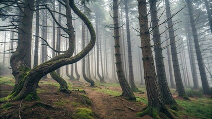 Dense fir forest with misty atmosphere and twisted tree trunks, old woodsy, misty woods, weathered trees