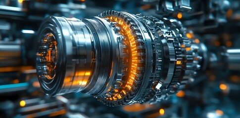 Fototapeta premium Close-up of a complex metallic gear system with glowing orange elements.