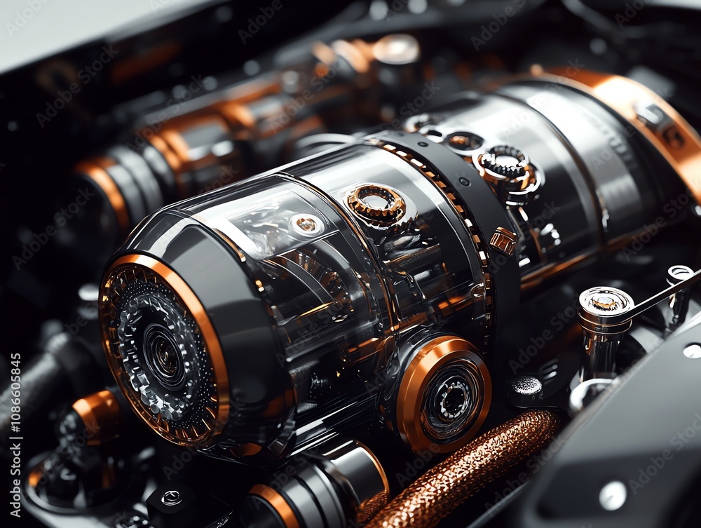 Fototapete close-up of a futuristic engine with transparent casing revealing intricate mechanical components.
