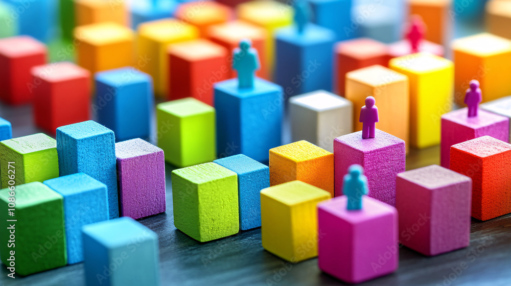 Poster business figures merging with brightly colored blocks, each block representing different roles or sk