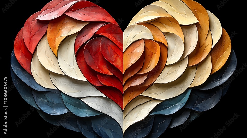 Poster an expressive painting dominated by bold reds, featuring intricate leaf patterns in a heart shape wi
