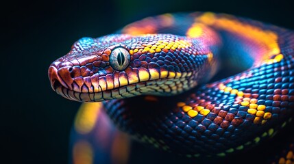 Fototapeta premium A colorful snake with red, blue, and yellow scales looks intensely at the camera with its blue eye.