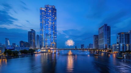 Obraz premium Stunning Cityscape with Fireworks at Dusk