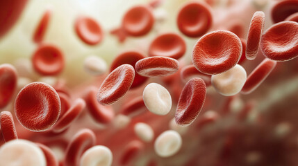 Microscopic view of red and white blood cells flowing in the bloodstream, representing health, biology, and medical science concepts