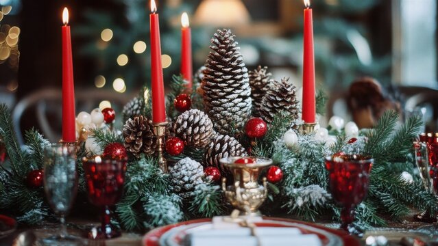 Festive Table Setting with Christmas Candles and Decorations