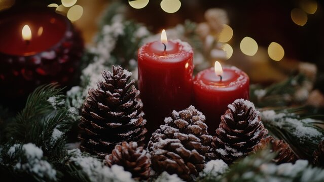 Red candles and pinecones in a festive holiday arrangement
