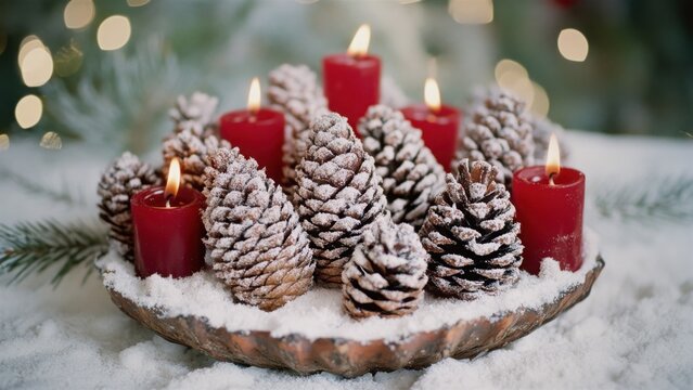 Festive red candles and pine cones in snowy arrangement