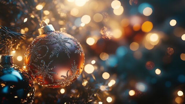 Close-up of Christmas ornaments with festive lights