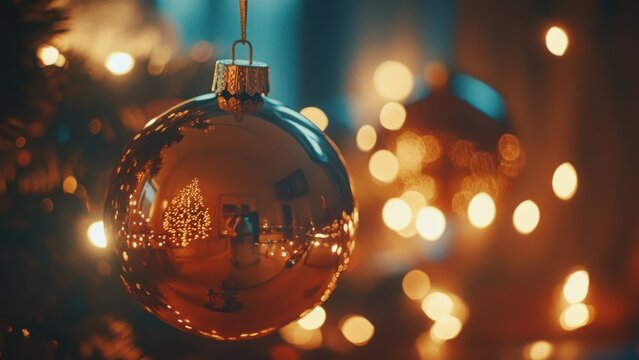 Close-up of a Christmas ornament reflecting holiday lights