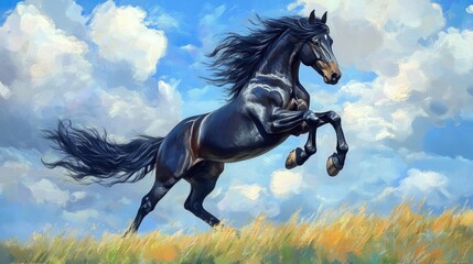 Black Stallion Leaping Through Blue Sky