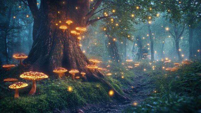 Magical forest with glowing mushrooms and fireflies