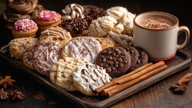 Assorted cookies with cinnamon sticks and hot chocolate on a tray