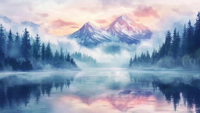 Serene Mountain Landscape with Lake and Pine Trees at Sunset