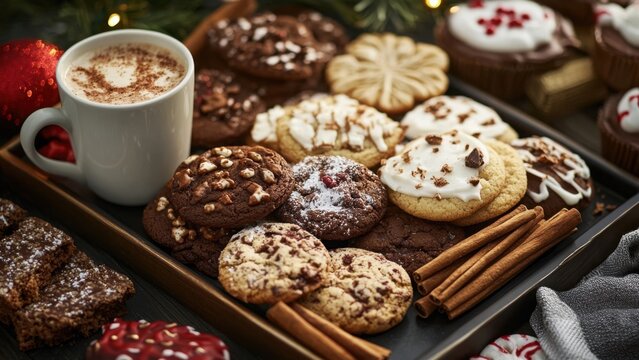 Assorted Christmas cookies with a hot cocoa on a wooden tray