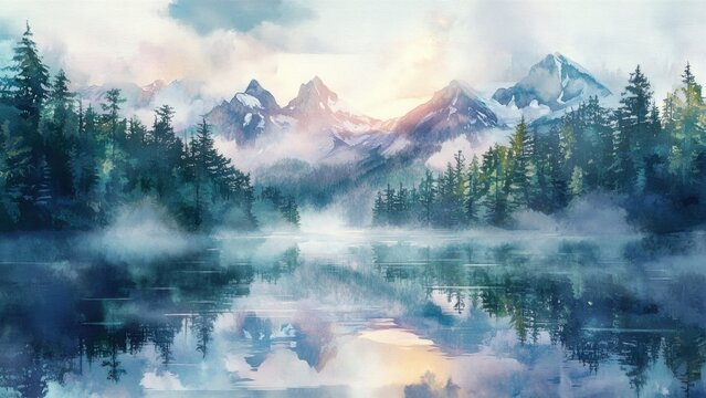 Misty Mountain Lake Scenery at Sunrise