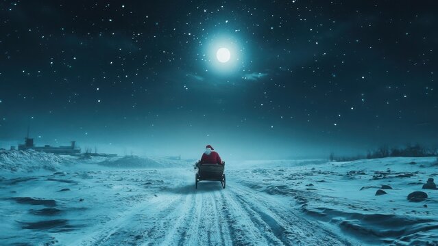 Santa in sleigh under starry night sky on snowy path