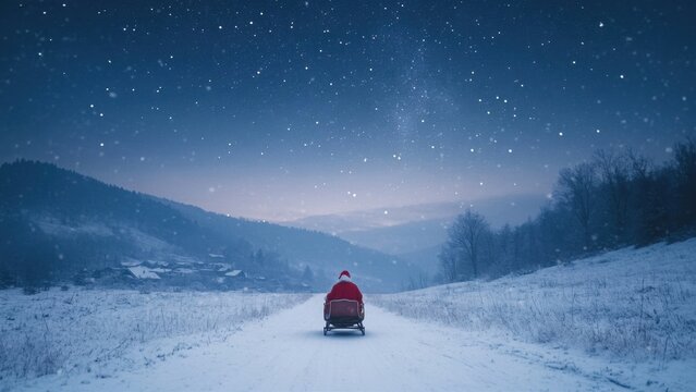 Santa Claus on Sleigh in Snowy Winter Landscape