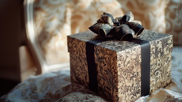 Elegant gift box with ornate design and black ribbon