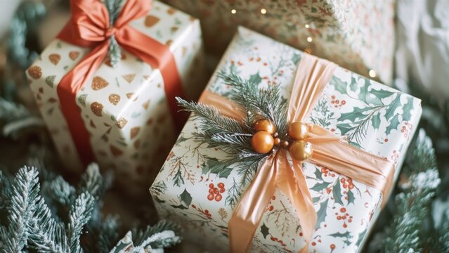 Festive Wrapped Christmas Gifts with Bows and Pine Decorations