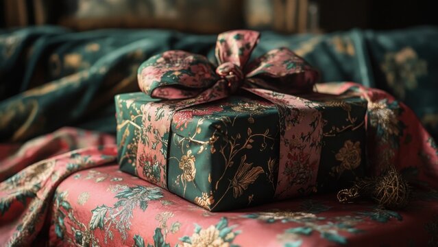 Elegant Floral Gift Box with Bow on Fabric