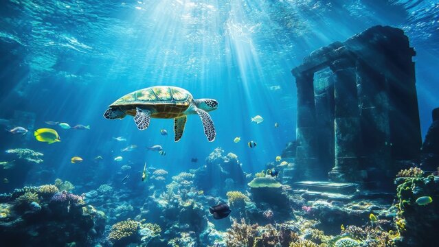 Underwater Scene with Sea Turtle and Ruins
