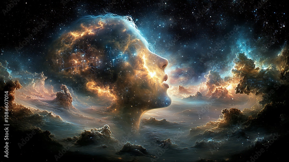 Poster an imaginative fusion of human figures and cosmic elements creating a surreal dreamscape filled with