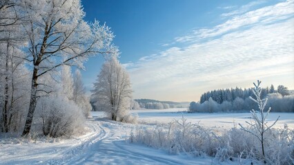 Frosty morning landscape with snow-covered trees and a serene blue sky background evoking winter wonderland, snowy forest, blue background, peaceful atmosphere