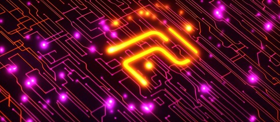 Fototapeta premium vibrant neon circuit board lines with glowing 5g symbol technology background vertical format .