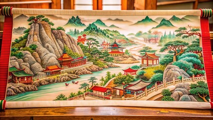 Detailed panoramic Chinese scroll, featuring a rich red design, realistically rendered.