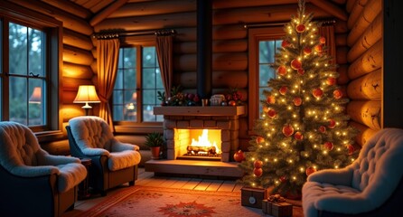 A cozy cabin interior with rustic wood walls, fur-lined chairs, and a glowing fireplace. A festive tree decorated with dried orange slices and cinnamon sticks fills the room with aroma.  