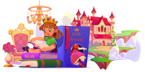 Little girl reading princess story book isolated on white background. Vector cartoon illustration of cute kid enjoying storybook, dreaming about medieval castle on floating island, pink throne, crown