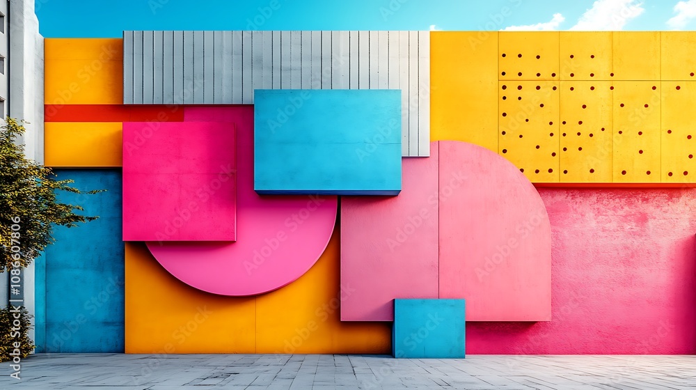 Poster an intricate geometric design featuring overlapping shapes and vivid colors in a modern urban settin