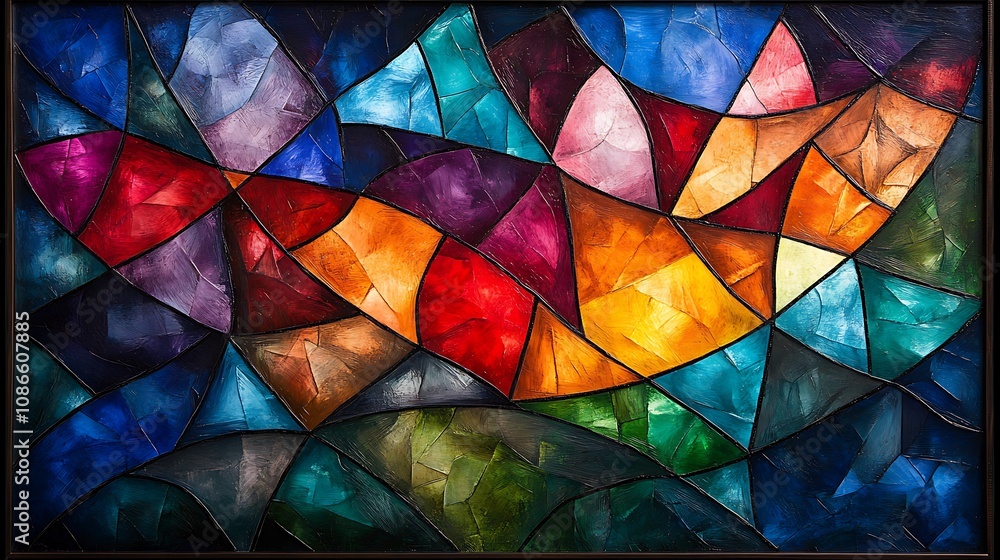 Poster intricate geometric design featuring overlapping shapes in a colorful 2d abstract composition with r